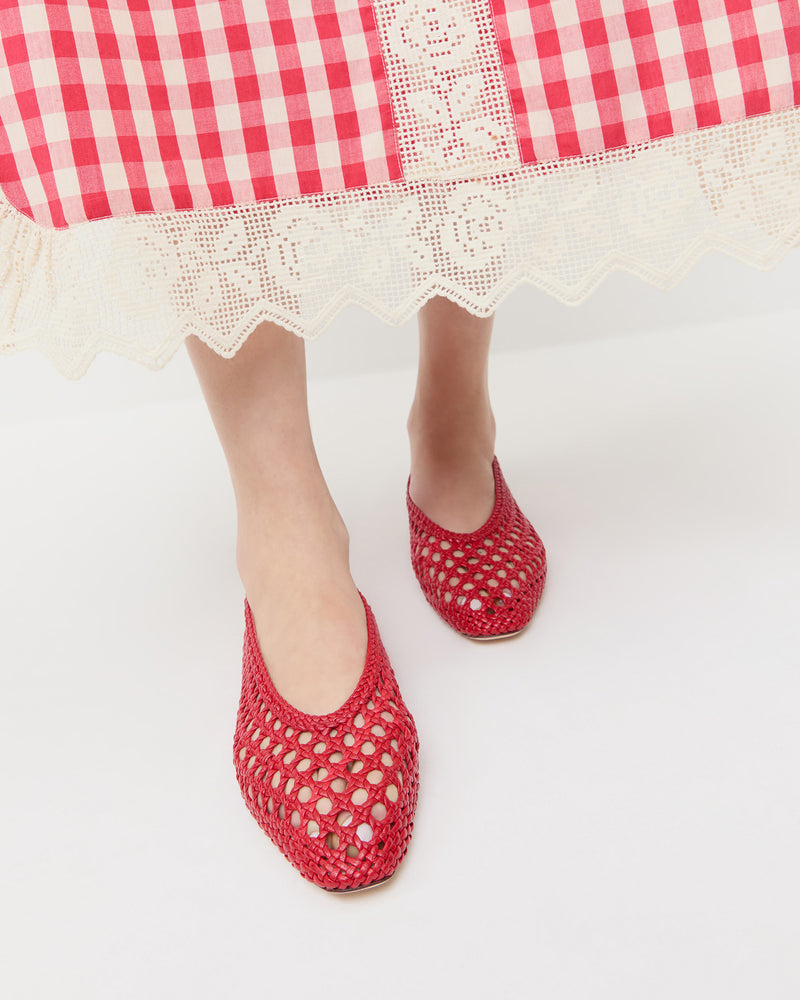 Emery Red Ballet Flat in red leather and Poppy Lace Dress in red gingham cotton.