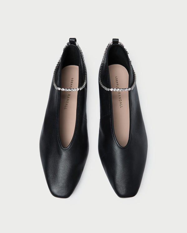 Emery Black/Crystal Ballet Flat in black leather with crystal accents.