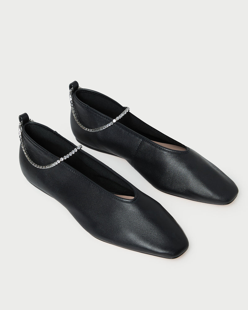 Emery Black/Crystal Ballet Flat in black leather with crystal accents.