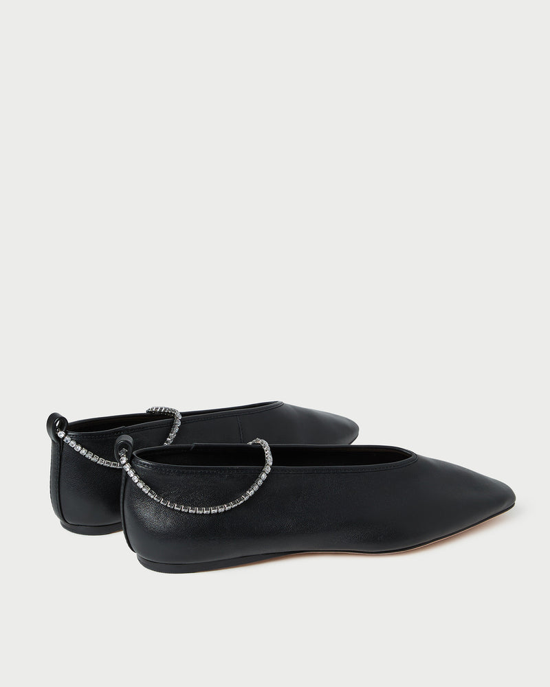 Emery Black/Crystal Ballet Flat in black leather with crystal accents.