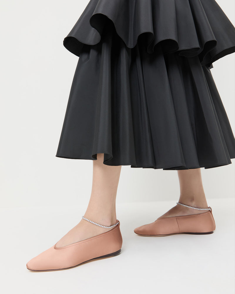 Emery Blush/Crystal Ballet Flat in blush pink satin with crystal accents and Sora Skirt in black taffeta.