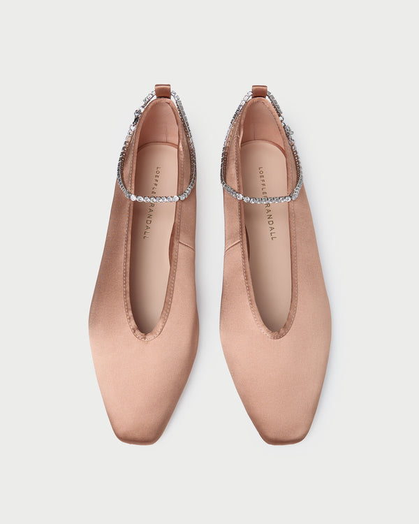 Emery Blush/Crystal Ballet Flat in blush pink satin with crystal accents.