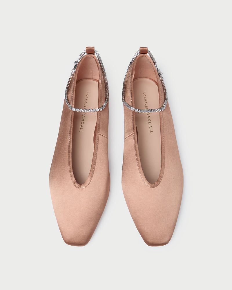 Emery Blush/Crystal Ballet Flat in blush pink satin with crystal accents.