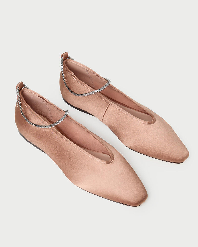 Emery Blush/Crystal Ballet Flat in blush pink satin with crystal accents.