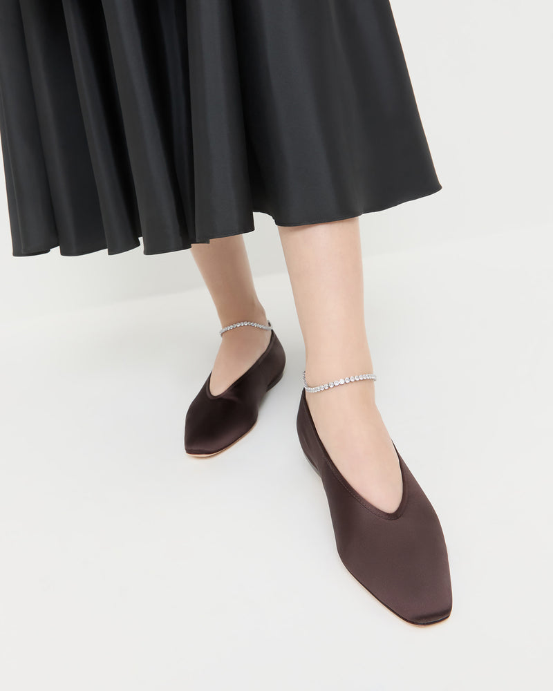 Emery Brown/Crystal Ballet Flat in dark brown satin with crystal accents and Sora Skirt in black taffeta.