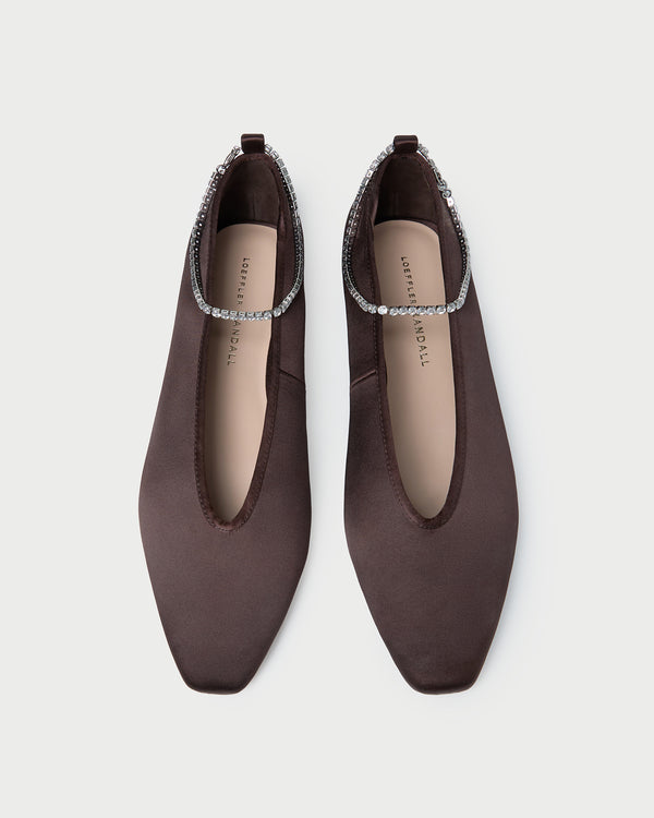 Emery Brown/Crystal Ballet Flat in dark brown satin with crystal accents.