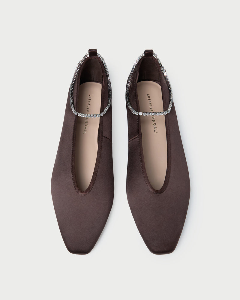 Emery Brown/Crystal Ballet Flat in dark brown satin with crystal accents.