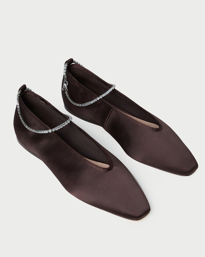 Emery Brown/Crystal Ballet Flat in dark brown satin with crystal accents.