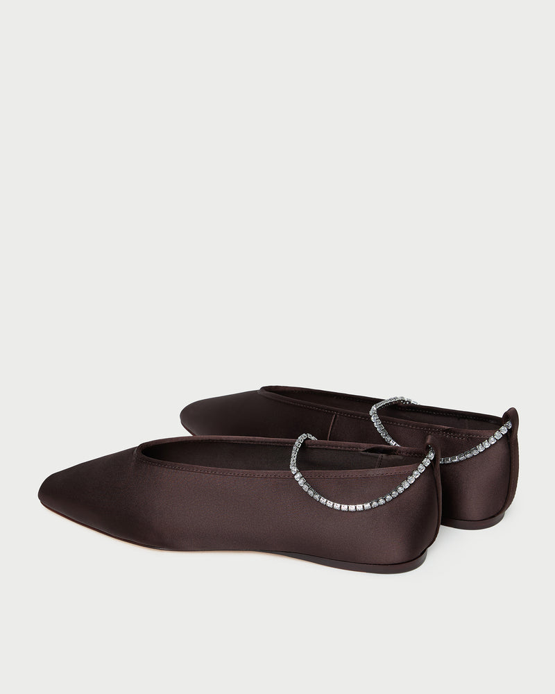 Emery Brown/Crystal Ballet Flat in dark brown satin with crystal accents.