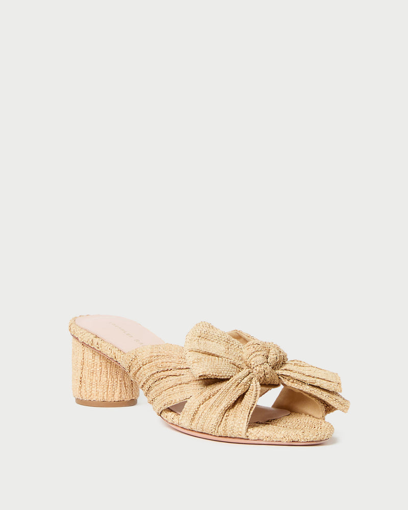 Emilia Natural Pleated Bow Heel in natural pleated straw.
