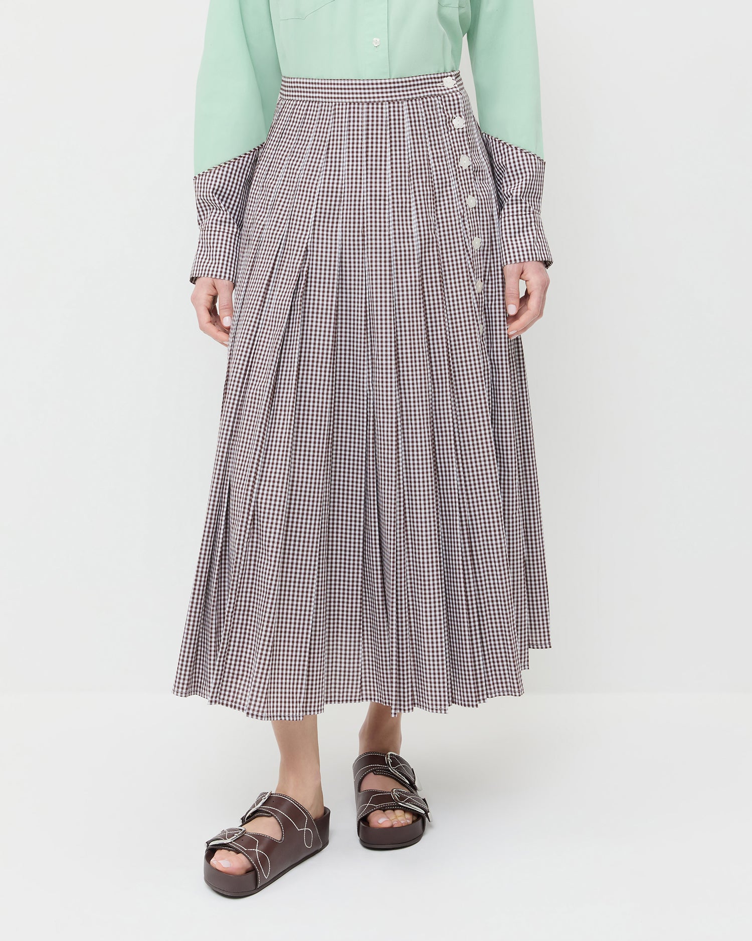 Emlyn Dark Brown Gingham Pleated Midi Skirt | Apparel