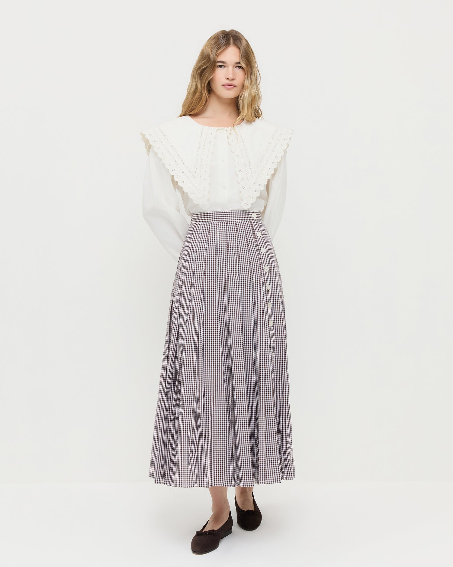 Emlyn Dark Brown Gingham Pleated Midi Skirt | Apparel