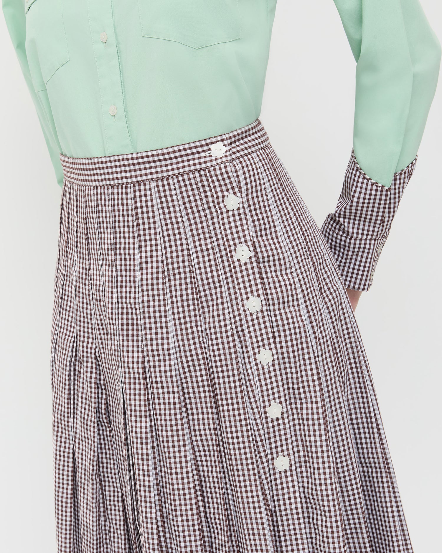 Emlyn Dark Brown Gingham Pleated Midi Skirt | Apparel