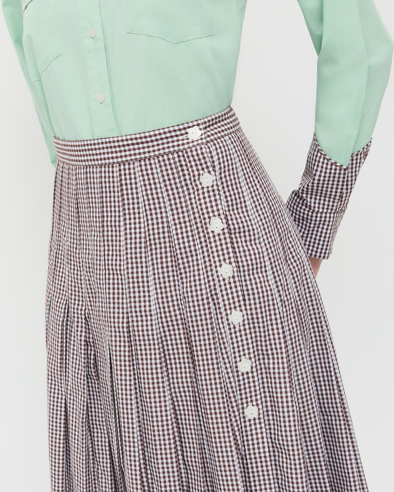 Emlyn Midi Skirt in brown gingham cotton and Casey Shirt in mint green and brown gingham cotton.