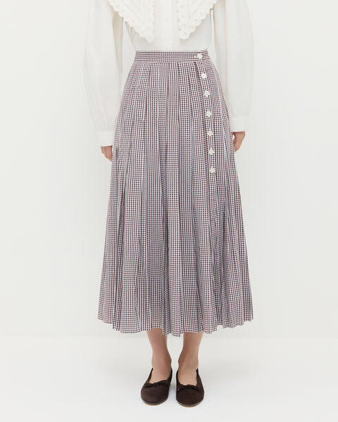 Emlyn Dark Brown Gingham Pleated Midi Skirt | Apparel