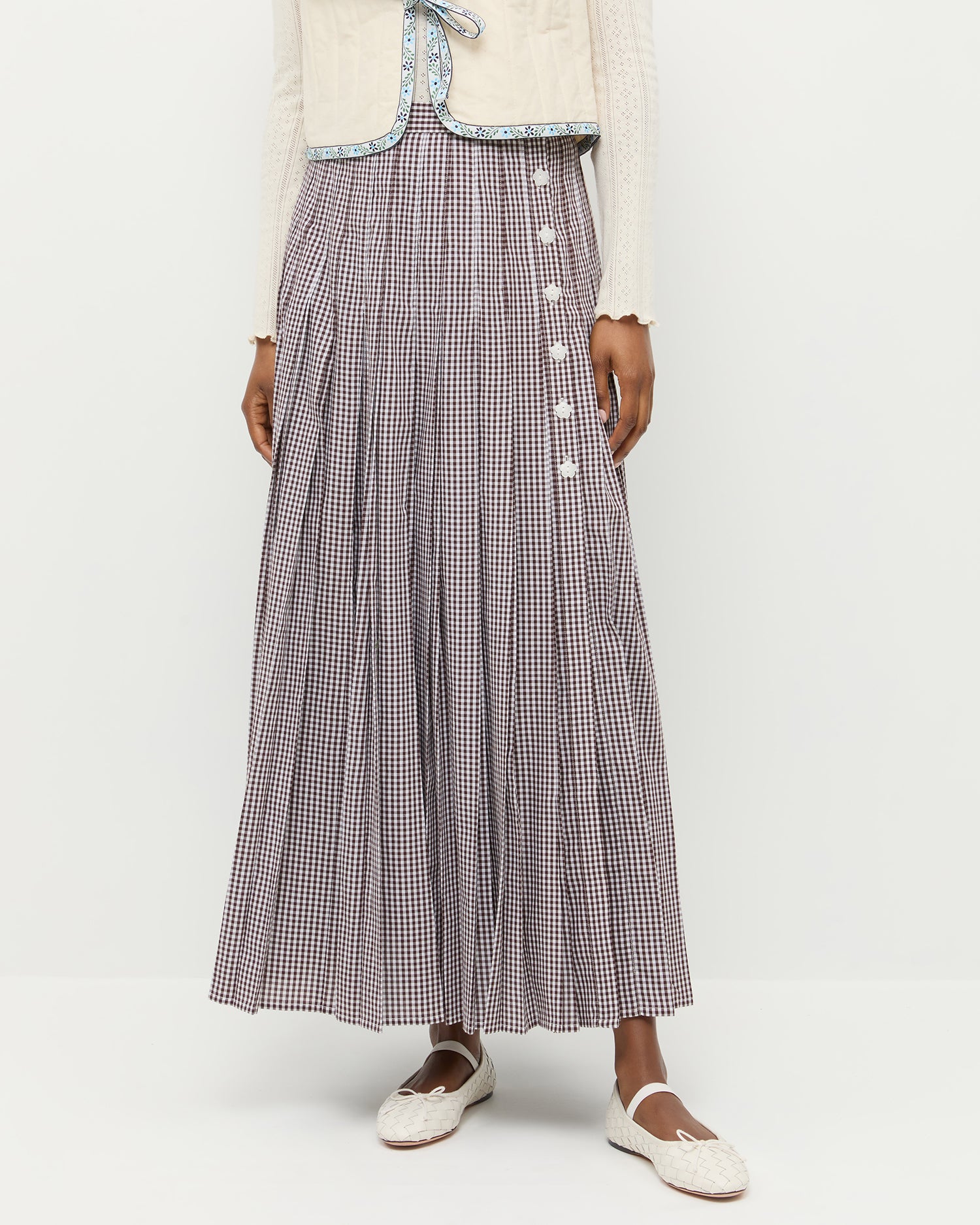 Emlyn Dark Brown Gingham Pleated Midi Skirt Apparel