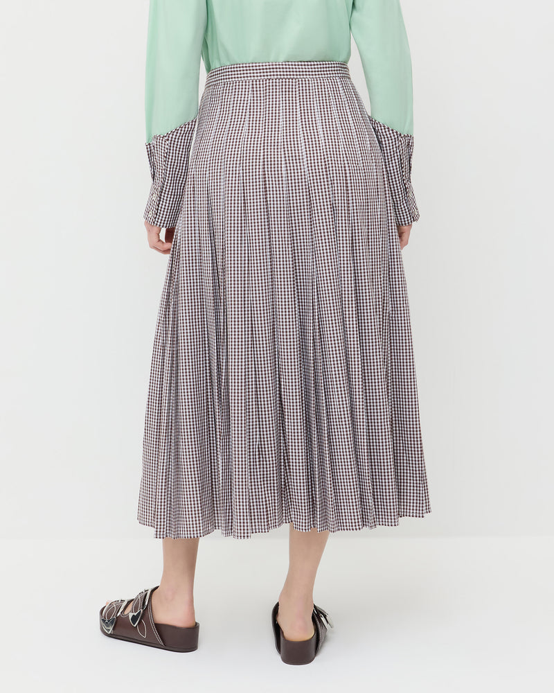 Emlyn Midi Skirt in brown gingham cotton, Casey Shirt in mint green and brown gingham cotton, and Nico Espresso Two-Band Sandal.