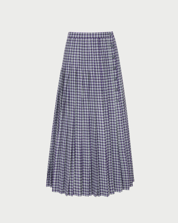 Emlyn Midi Skirt in grey and purple plaid wool blend.