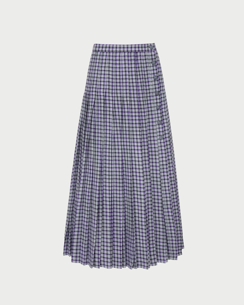 Emlyn Midi Skirt in grey and purple plaid wool blend.