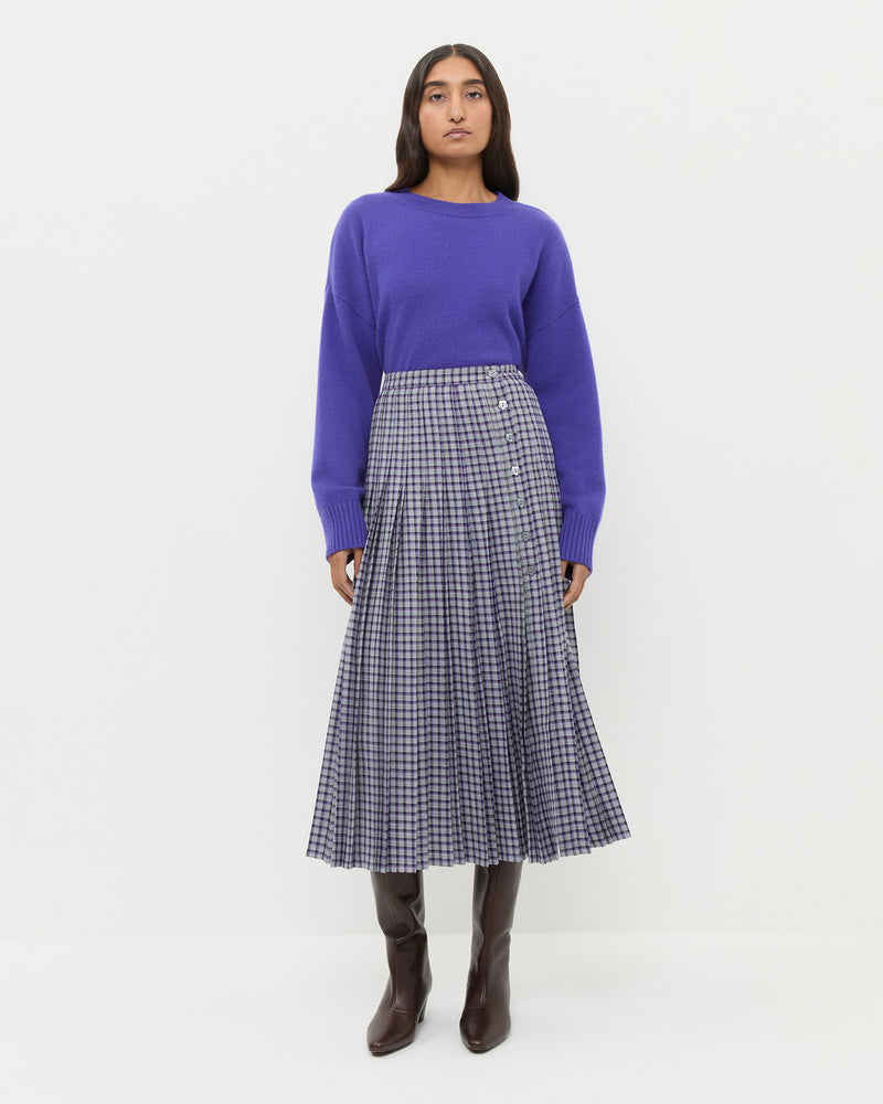 Emlyn Midi Skirt in grey and purple plaid wool blend.