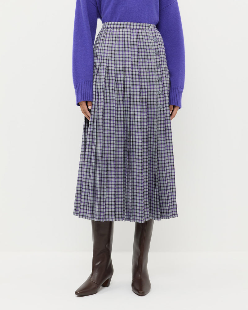 Emlyn Midi Skirt in grey and purple plaid wool blend.
