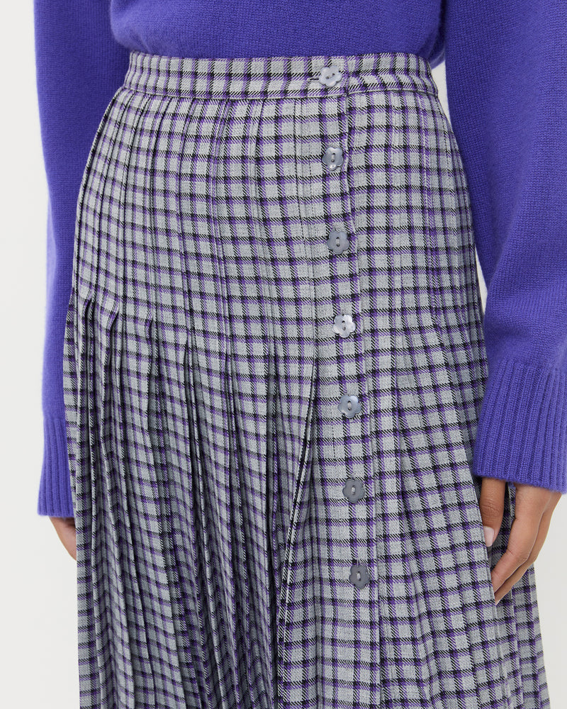 Emlyn Midi Skirt in grey and purple plaid wool blend.