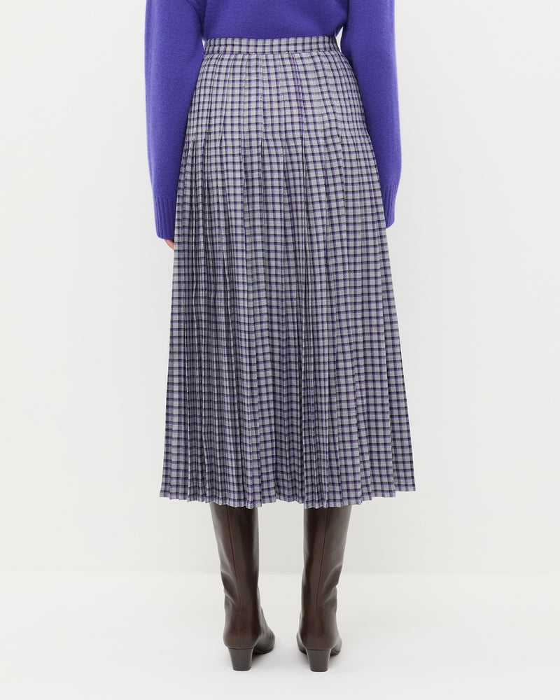 Emlyn Midi Skirt in grey and purple plaid wool blend.