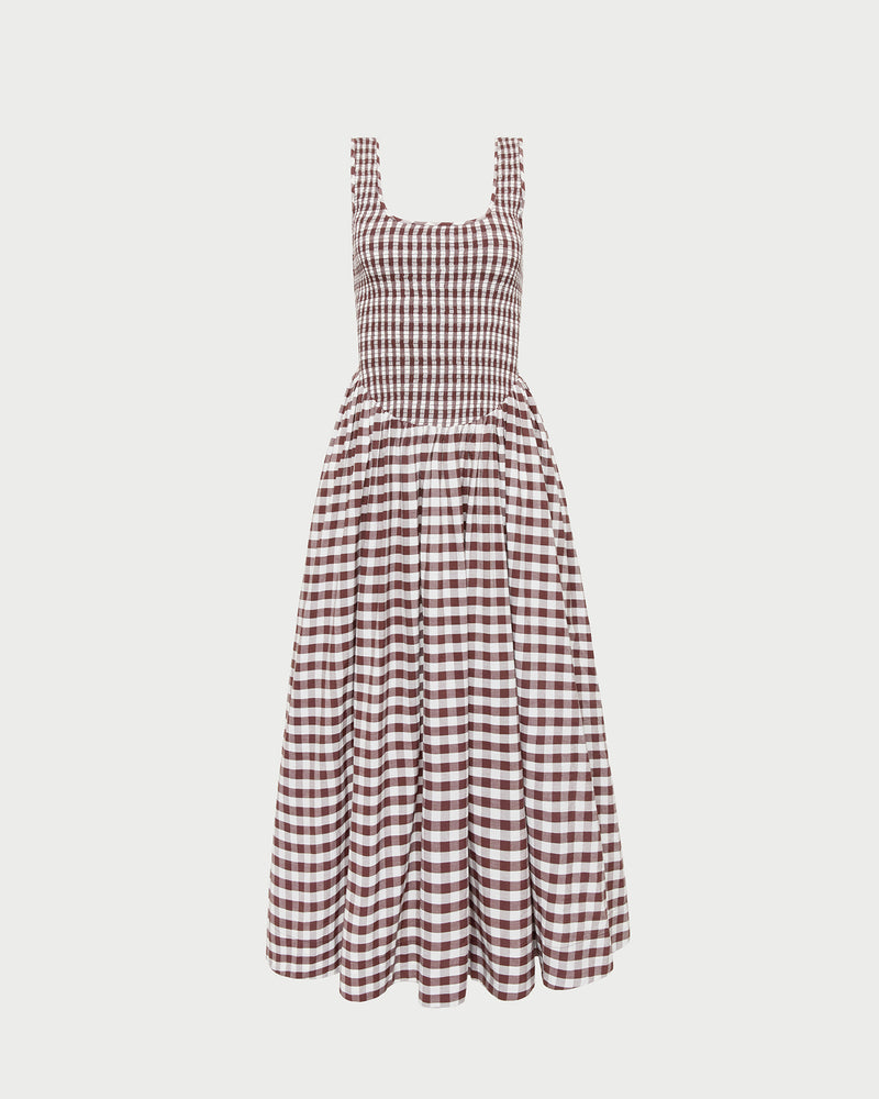 Estelle Dress in a sleeveless brown gingham cotton.