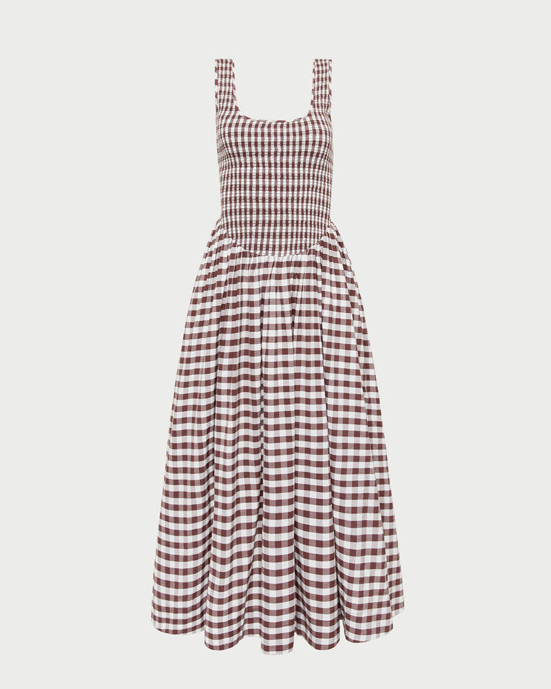 Estelle Dress in a sleeveless brown gingham cotton.
