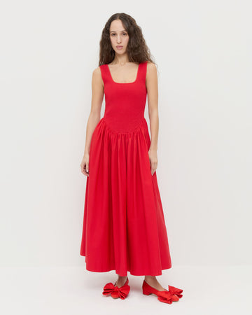 red dress red Velvi - Rylie Gown - - Stretch Fitted With Lace Bodice this dress is both stylish and practical Radiant Reverie Red Linen Midi