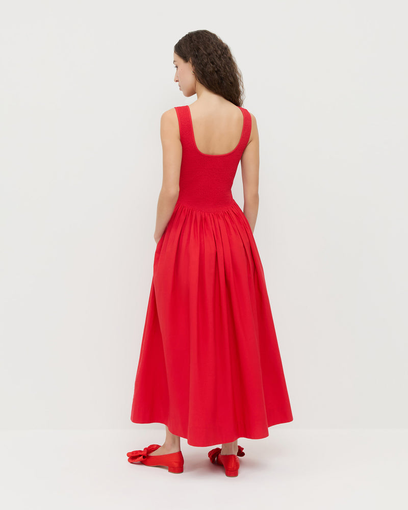 Estelle Dress in red cotton and Noa Red Moiré Bow Flat.