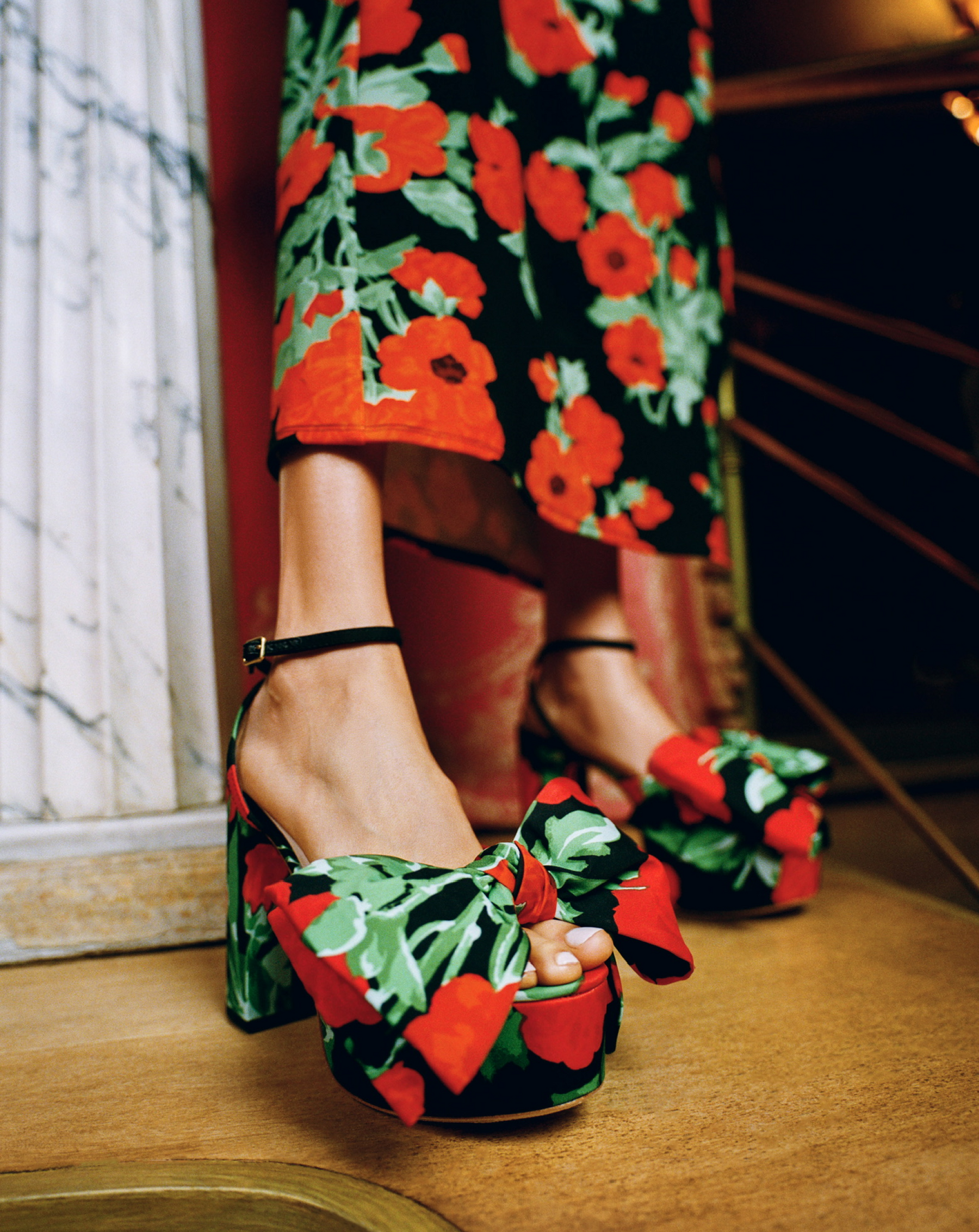 Kiki Black Floral Platform Sandal and Selena Dress in black floral jersey fabric - Loeffler Randall