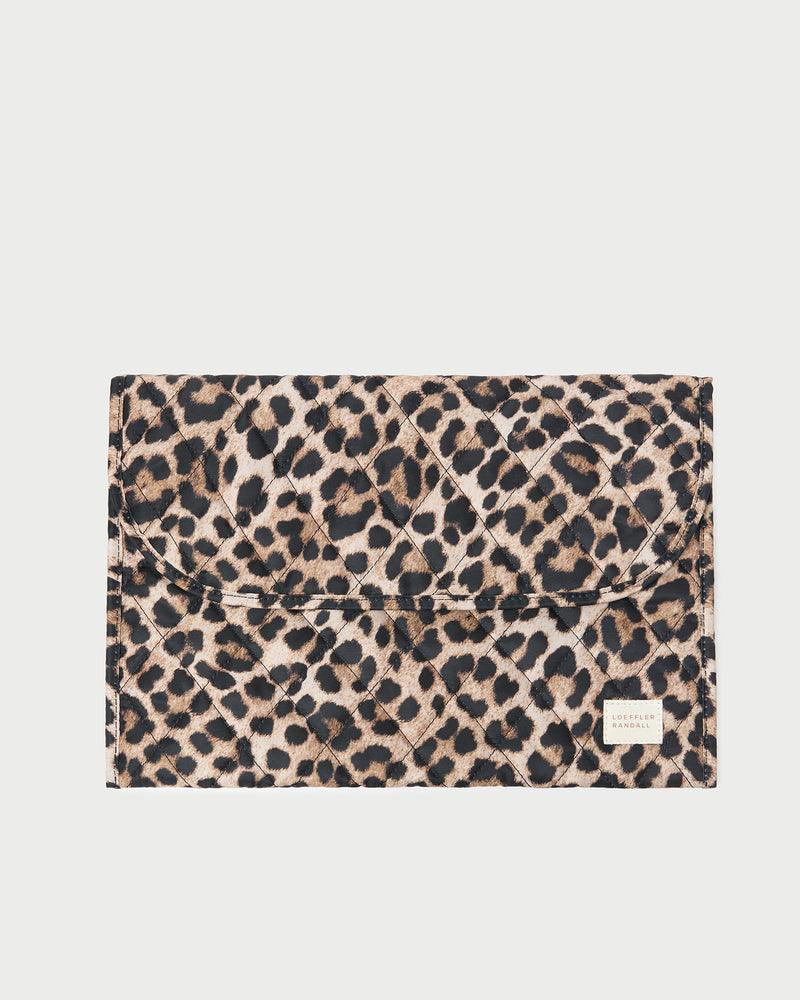 Faris Brown/Leopard Laptop Sleeve in quilted brown brushed leopard nylon.