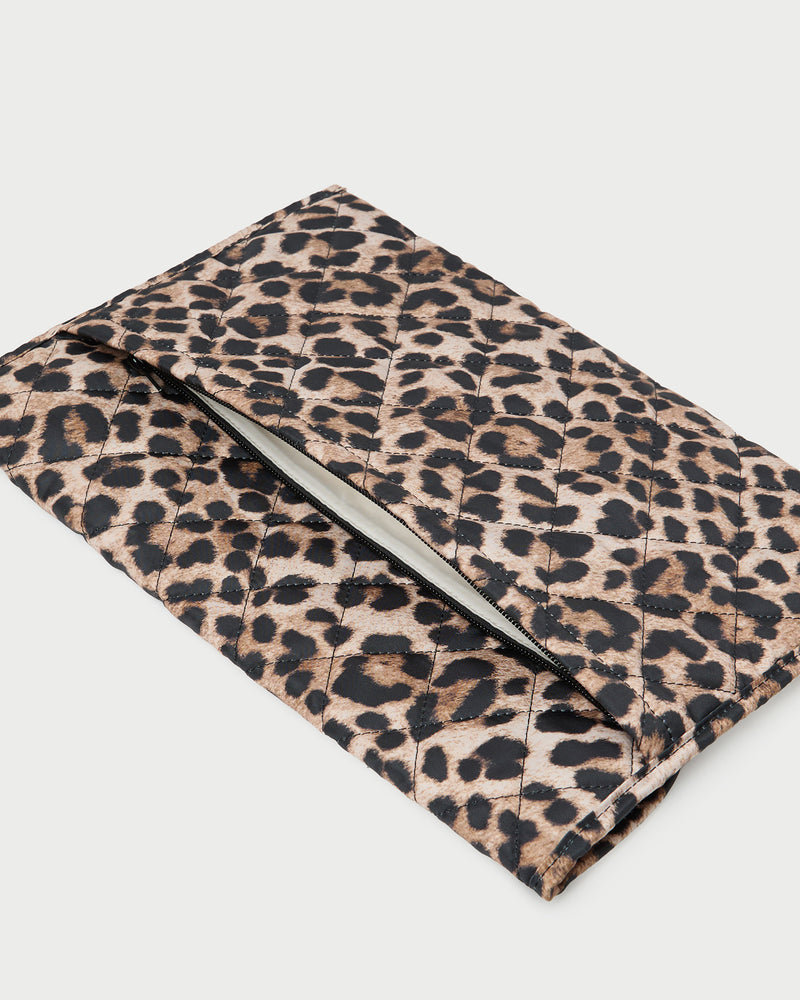 Faris Brown/Leopard Laptop Sleeve in quilted brown brushed leopard nylon.