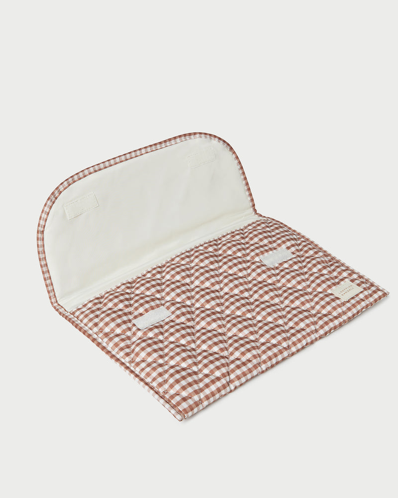 Faris Brown Gingham Laptop Sleeve in brown gingham nylon.