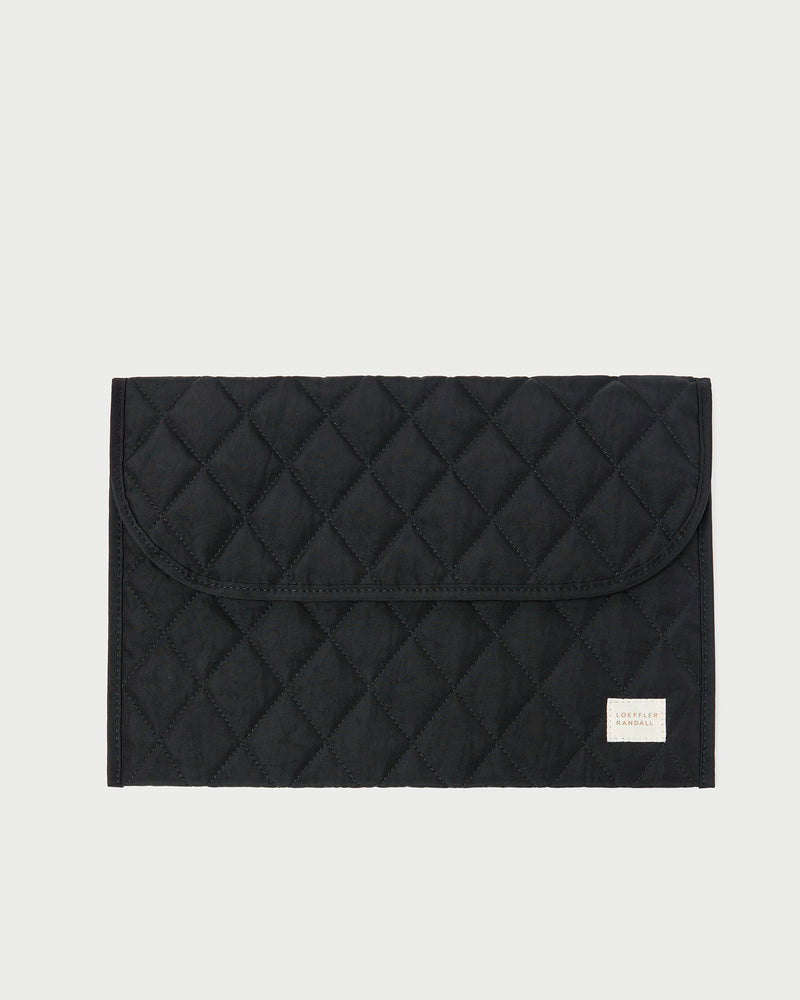 Faris Black Laptop Sleeve in quilted black nylon.