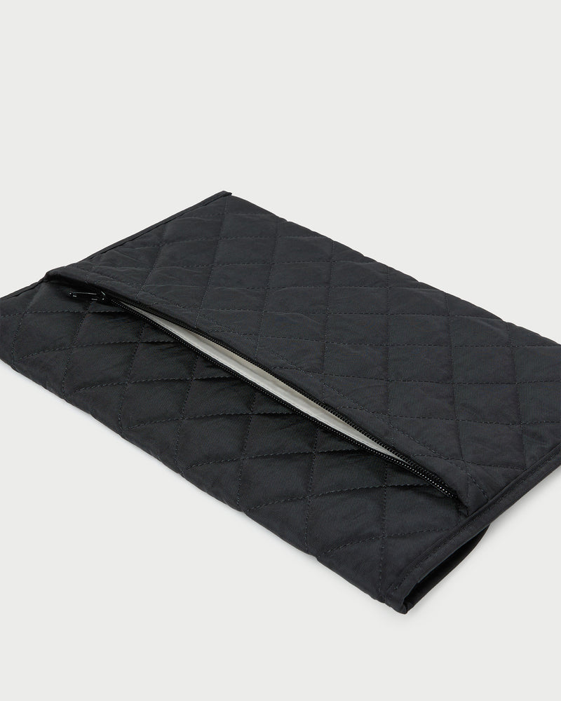 Faris Black Laptop Sleeve in quilted black nylon.