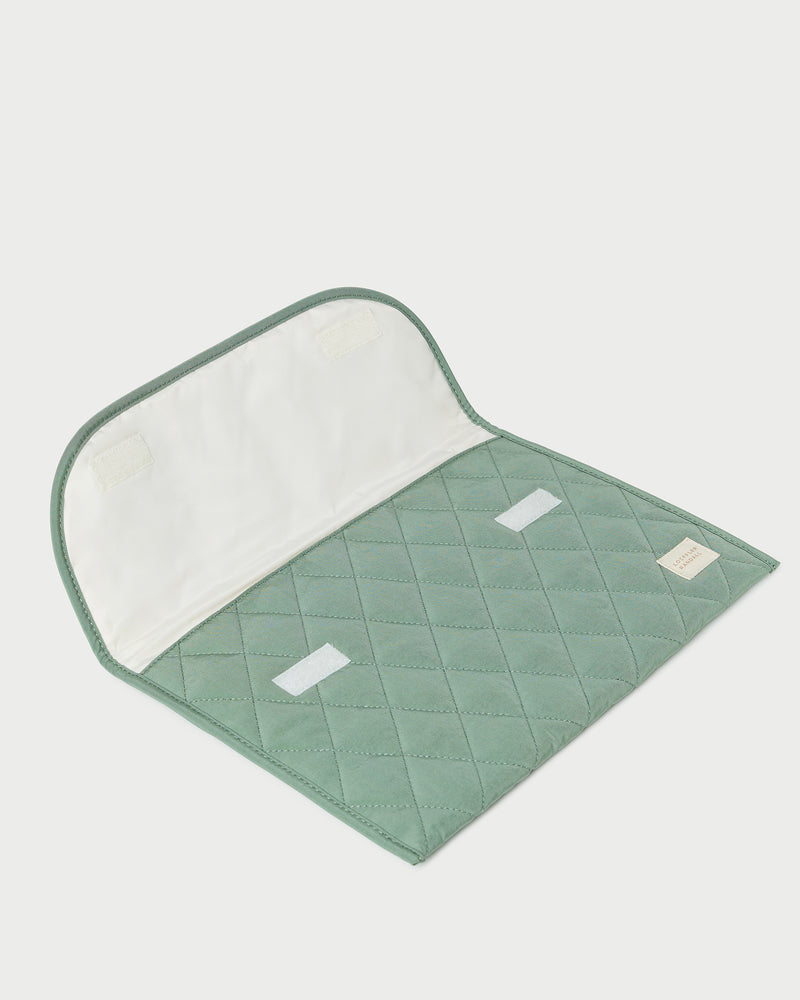 Faris Sage Laptop Sleeve in quilted sage green nylon.
