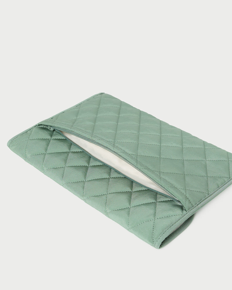 Faris Sage Laptop Sleeve in quilted sage green nylon.
