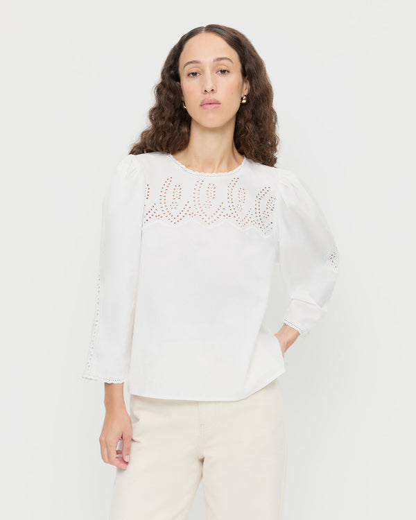 Felicity Blouse in cream cotton poplin and Winona Denim Pant in natural denim.