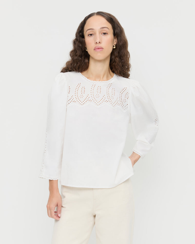 Felicity Blouse in cream cotton poplin and Winona Denim Pant in natural denim.