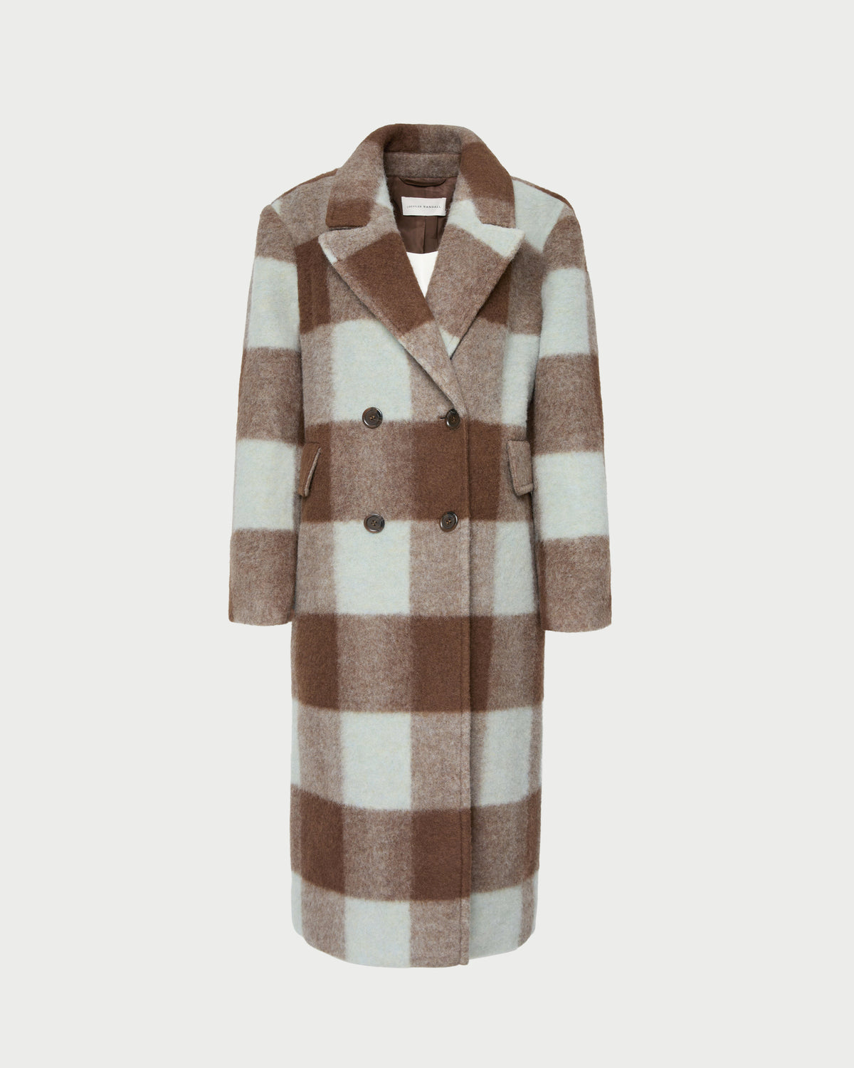 Finley Wool Coat in dark brown and mint green plaid wool.
