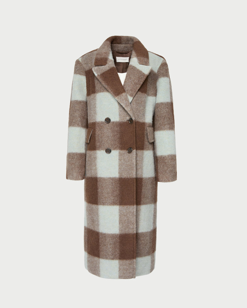 Finley Wool Coat in dark brown and mint green plaid wool.