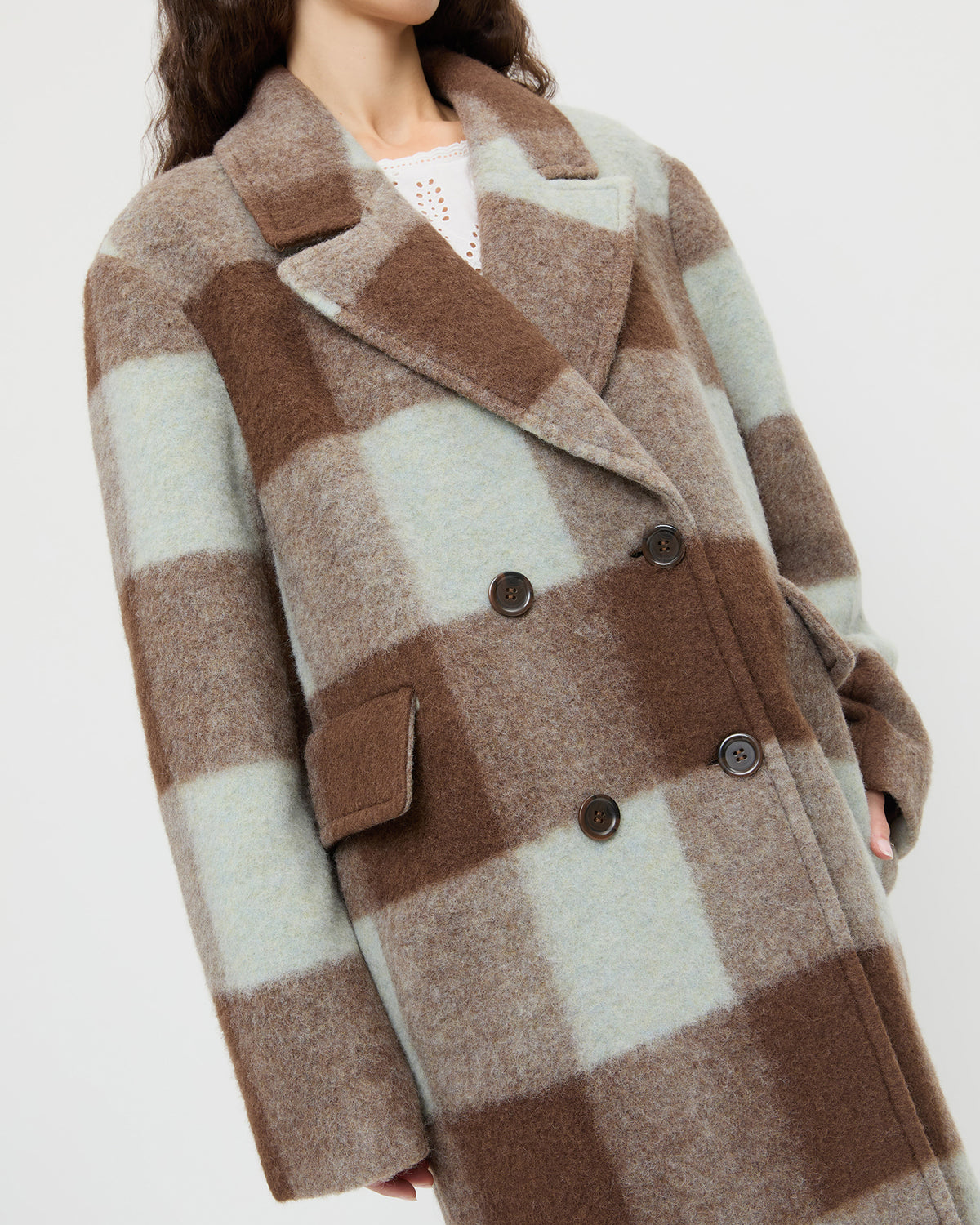 Finley Wool Coat in dark brown and mint green plaid wool and Felicity Blouse in white cotton.