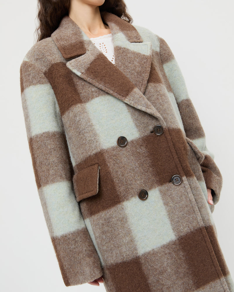 Finley Wool Coat in dark brown and mint green plaid wool and Felicity Blouse in white cotton.