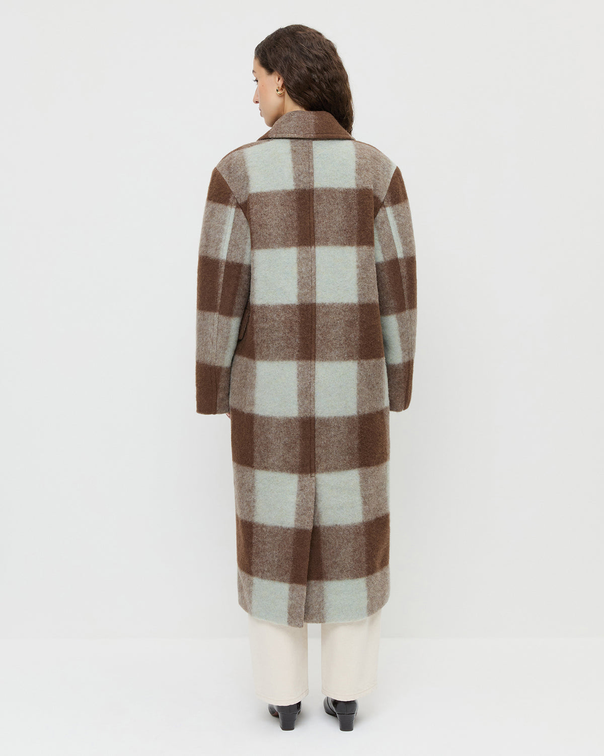 Finley Wool Coat in dark brown and mint green plaid wool, Winona Denim Pant in natural denim, and Neive Crocodile Leather Low Pump.