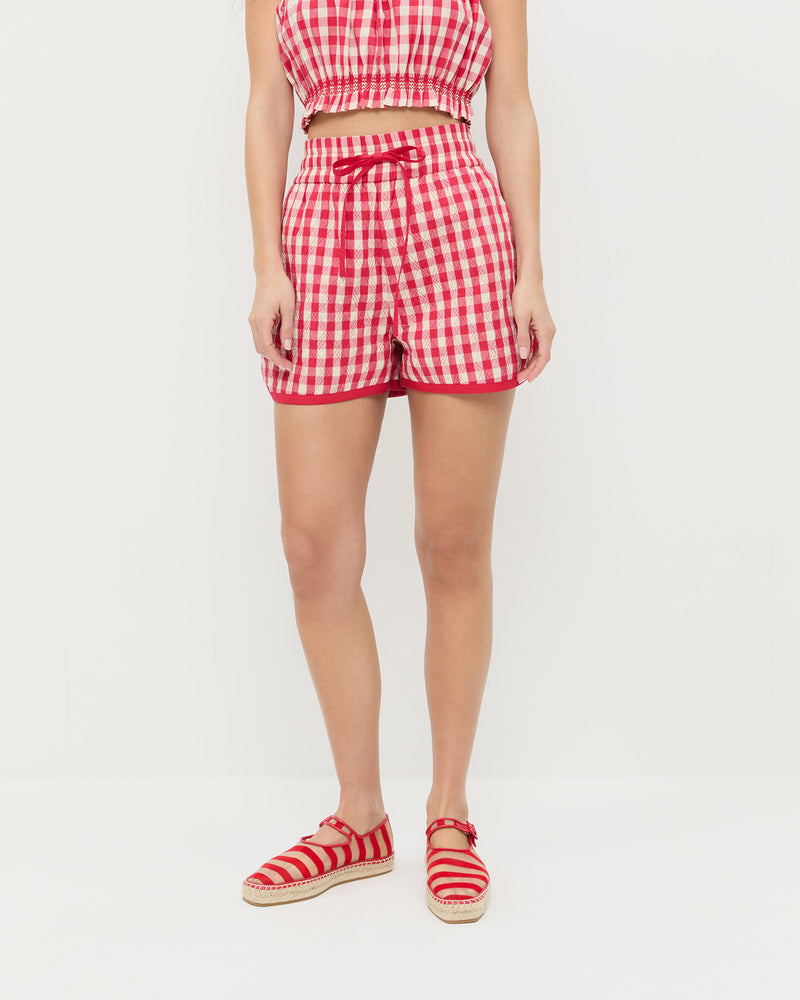 Flynn Quilted Short in red gingham cotton, Maggie Camisole in red gingham cotton, and Clover Red/Caramel Mesh Espadrille.