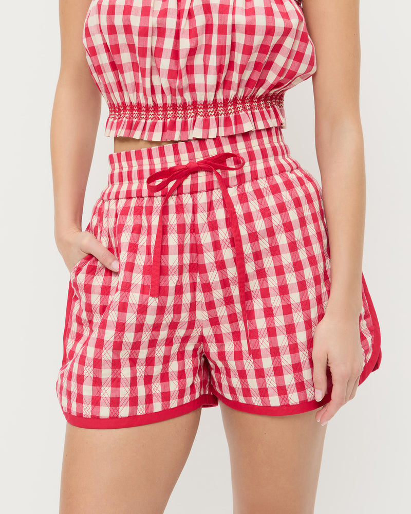 Flynn Quilted Short in red gingham cotton and Maggie Camisole in red gingham cotton.