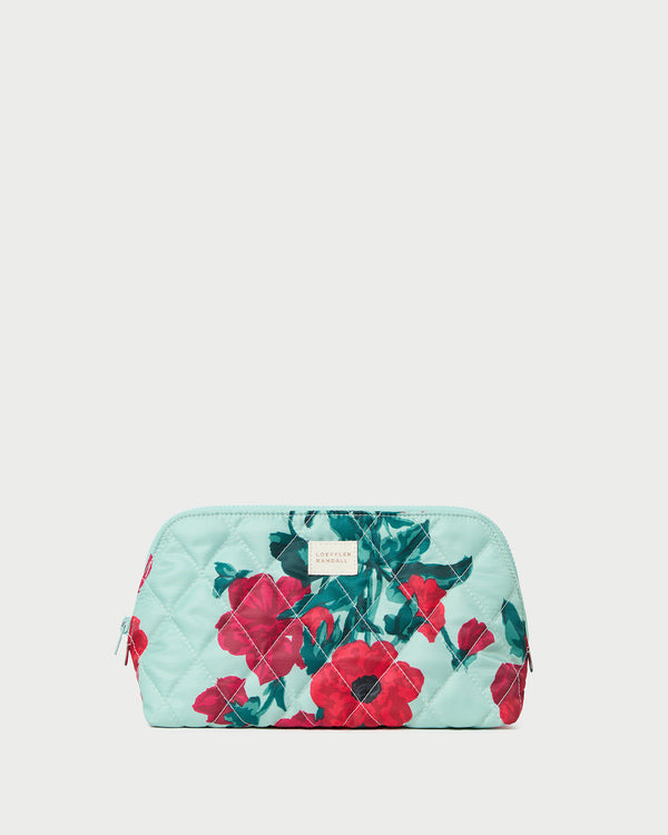 Frances Mint Floral Cosmetic Pouch in quilted mint floral nylon.