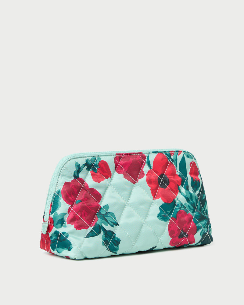 Frances Mint Floral Cosmetic Pouch in quilted mint floral nylon.